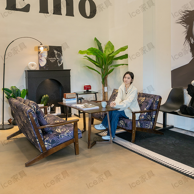 美式连锁复古印花布艺奶茶店咖啡厅酒店民宿休闲实木沙发桌椅组合
