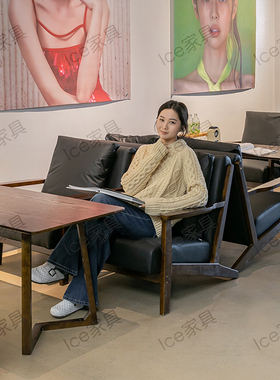 美式连锁复古印花布艺奶茶店咖啡厅酒店民宿休闲实木沙发桌椅组合