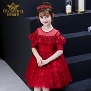 Váy bé gái một vai 2019 trẻ em mới mặc váy công chúa bé gái trang phục đỏ đoạn ngắn - Váy trẻ em