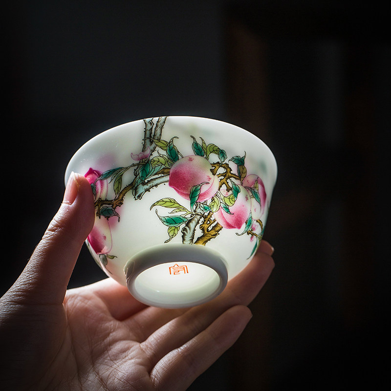 粉彩桃主人杯景德镇陶瓷品茗杯个人单杯女茶具过枝九桃小茶杯茶盏