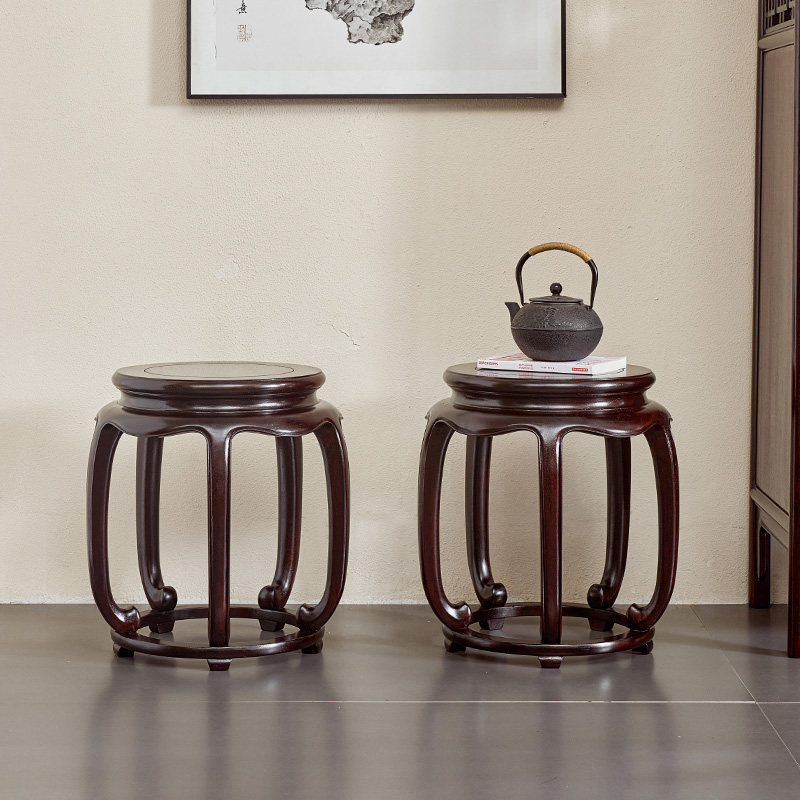 赞比亚血檀圆凳中式圆鼓凳非洲小叶紫檀休闲凳子全实木复古凳禅意