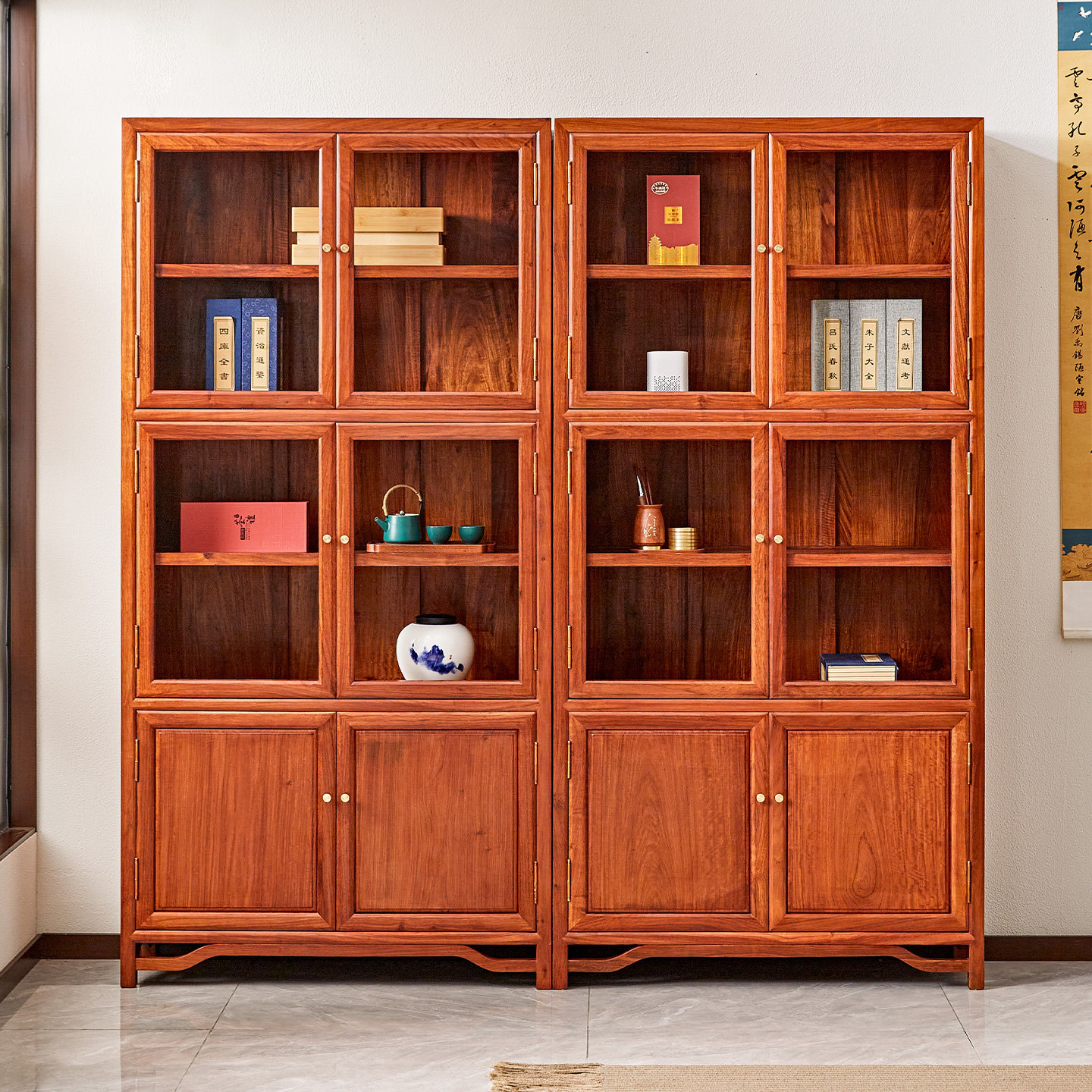花梨木书柜多层中式玻璃柜六门刺猬紫檀书架实木置物柜红木书橱柜