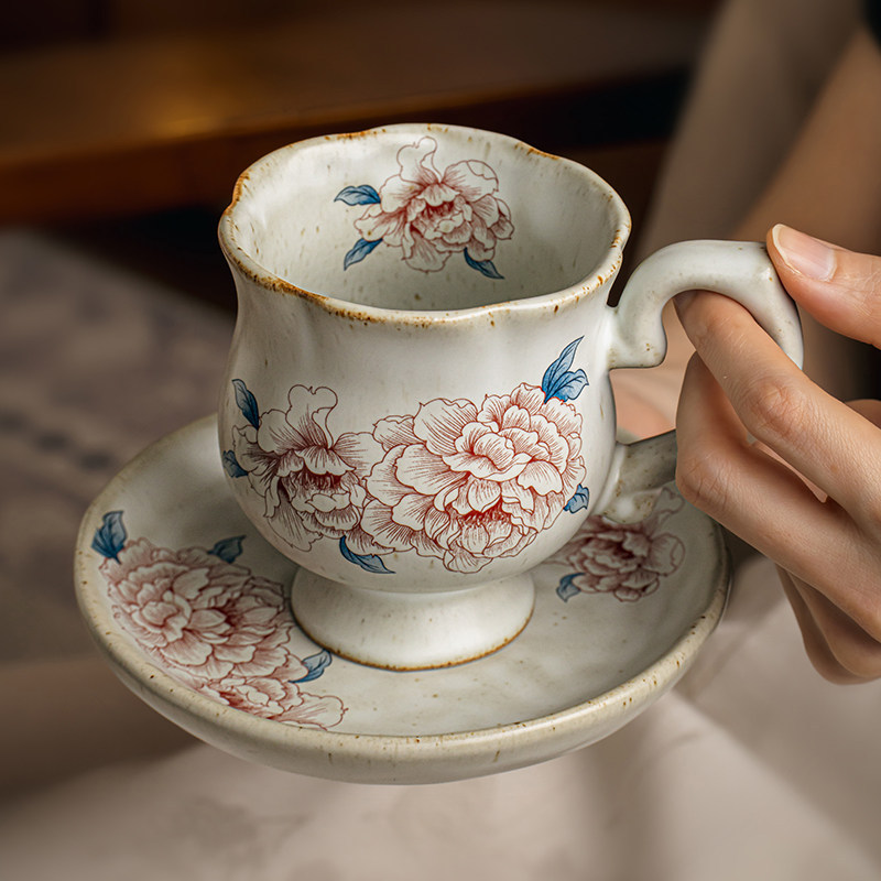 富贵花手工咖啡杯碟套装中式复古下午茶杯子粗陶马克杯出口