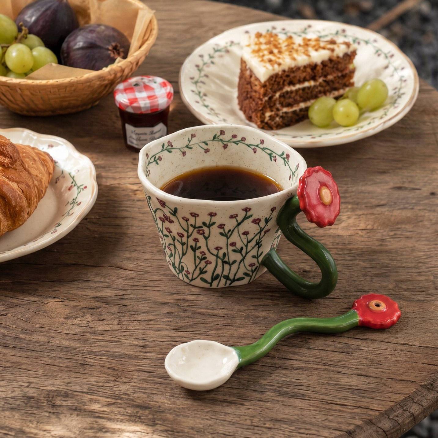 山野风花把杯红色黄色早餐杯燕麦杯高颜值精致下午茶杯子
