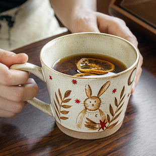 高级感星叶兔创意马克杯陶瓷咖啡杯复古水杯拿铁拉花杯出口