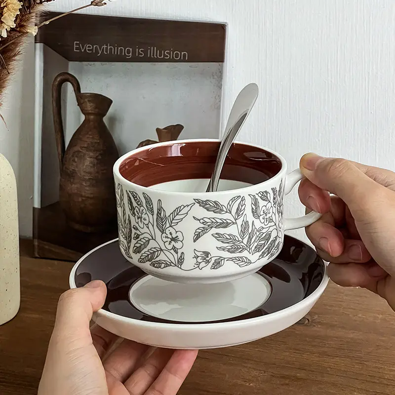 芬兰出口中古陶瓷咖啡杯碟轻奢高颜值办公室下午茶茶杯复古拿铁杯