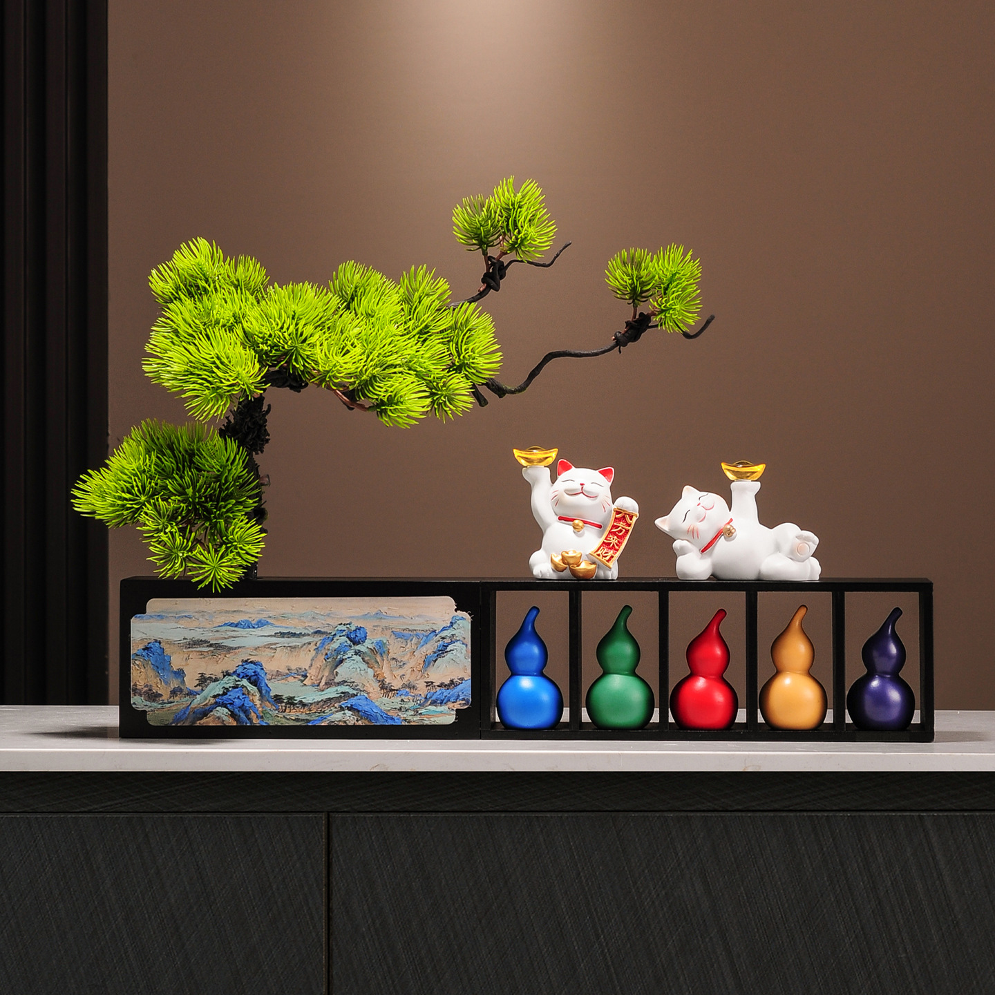 五福临门葫芦迎客松招财猫插花摆件客厅入户玄关电视柜乔迁礼物