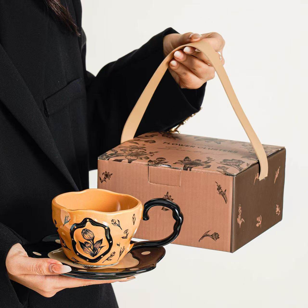 中古风咖啡杯碟套装马克杯高级感陶瓷杯子家用水杯伴手礼