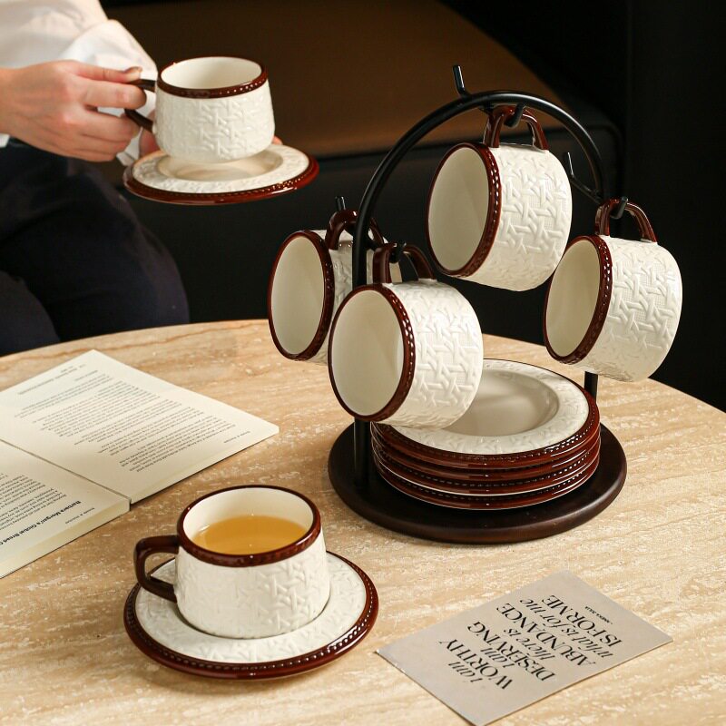 中古风编织咖啡杯碟套装带收纳架下午茶陶瓷马克杯水具甜品碟组合