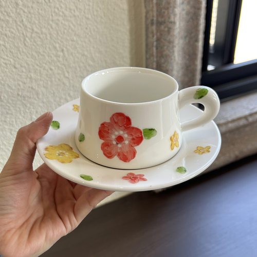 手绘小红花陶瓷杯碟咖啡杯下午茶杯碟套装ins风少女心早餐杯
