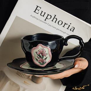 复古咖啡杯碟套装小众设计感鸢尾花陶瓷杯子伴手礼马克杯