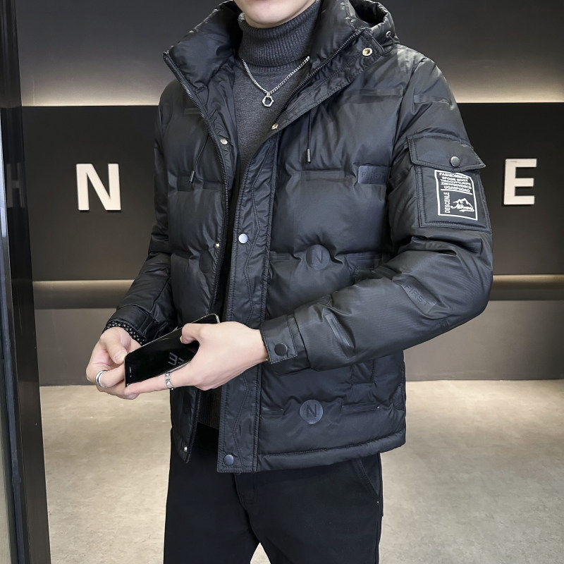 短款pu皮羽绒服男冬季连帽加厚保暖黑色白鸭绒外套男士冬装上衣服