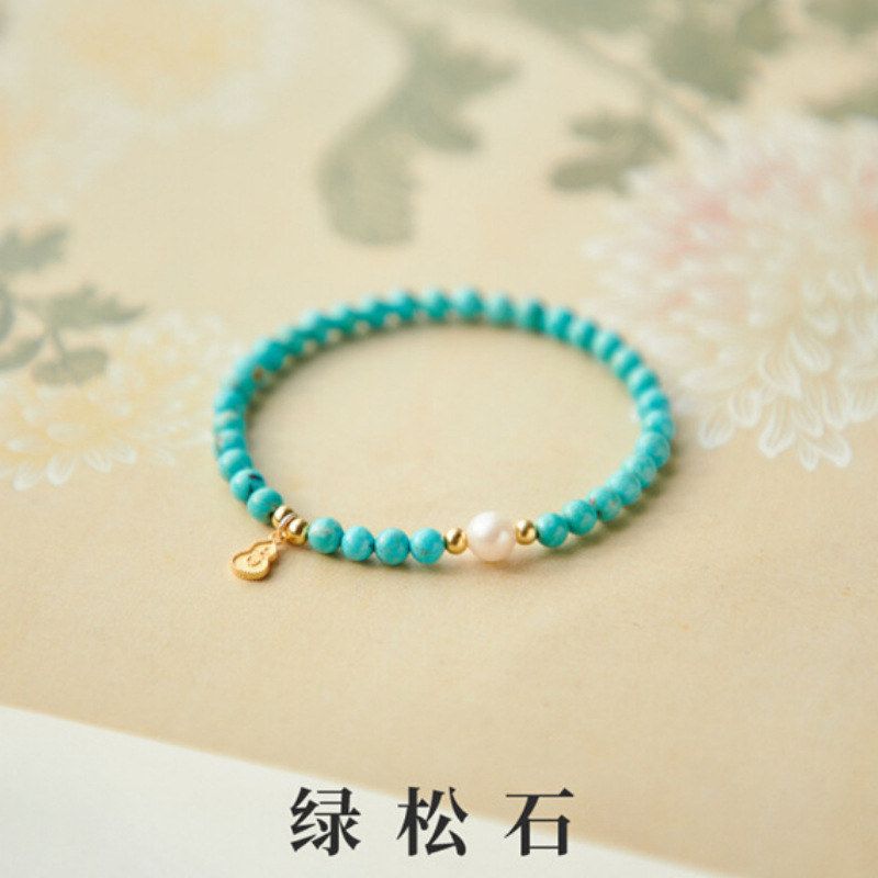 珍珠绿松石手串手链原矿高瓷玉石串珠福牌蓝色转运金珠岚霞
