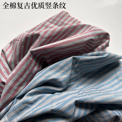 全棉优质复古竖条纹 红灰 蓝灰 布料衬衣裙子面料 中薄型