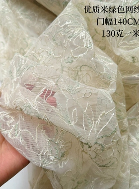 精品 优质米绿色网纱绣花布料服装面料 裙子 盘线绣 精致