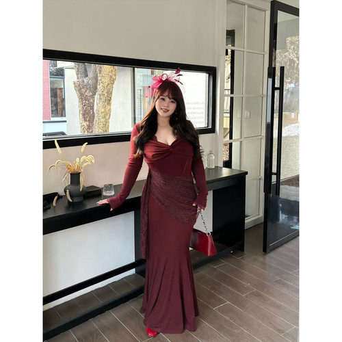 Babes【暗玫缠纱】大码设计感纯欲鱼骨侧边蕾丝拼接显瘦鱼尾裙女