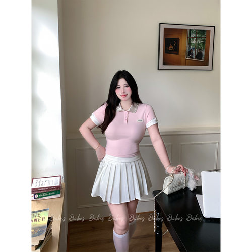 Babes【奶芙 POLO】大码微胖mm小香风水钻假两件polo领短袖百褶裙