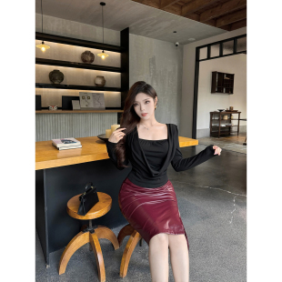 超弹辣妹荡领漏肩假两件加绒修身 大码 显瘦上衣 秋日洋意 Babes