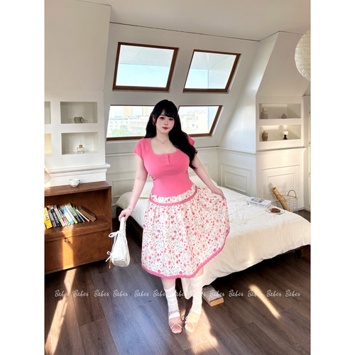 Babes【少女花笺】大码微胖mm韩系甜美短袖T恤碎花a字半身裙套装