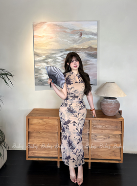 Babes【墨染芳华】大码新中式旗袍网纱印花显瘦修身包臀连衣裙女
