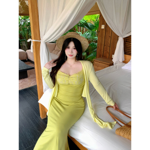 吊带蕾丝包臀鱼尾裙外搭开衫 大码 显瘦连衣裙女 春屿青柠 Babes