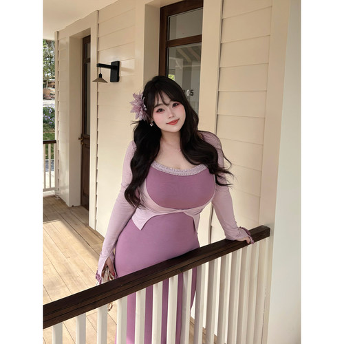 Babes【鸢尾花语】大码纯欲包臀吊带连衣裙系带长袖罩衫两件套女