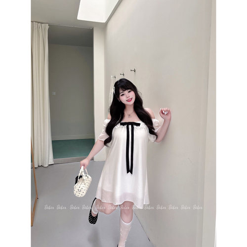 Bbabes【蝴蝶千颂】大码韩系微胖mm温柔蝴蝶结一字肩A字连衣裙女