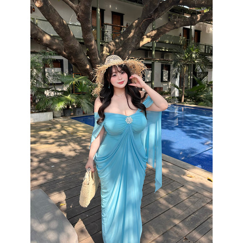 Babes【庄生梦蝶】大码法式温柔风蓝色薄纱吊带连衣裙女度假长裙