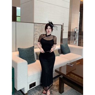 Bbabes【蝴蝶印记】微胖显瘦立领镂空短袖连衣裙收腰包臀开叉长裙