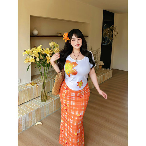 Babes【橘子海】大码夏日多巴胺海边度假风印花短袖半身裙两件套