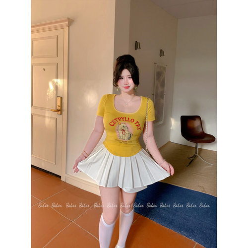 Babes【柠檬日记】大码莱塞尔印花圆领短袖T恤a字百褶裙带安全裤