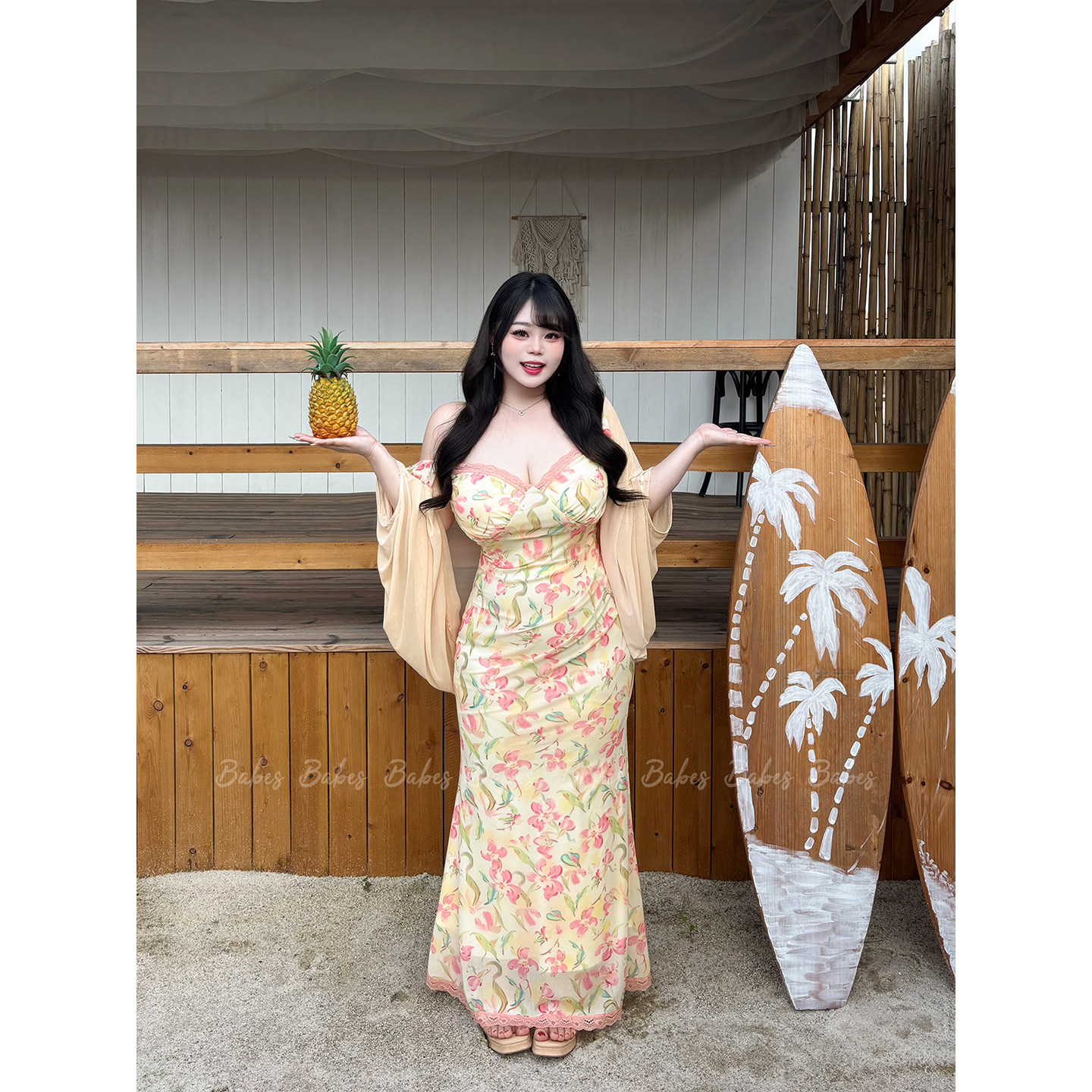 Babes【花影缠腰】大码法式碎花蕾丝V领收腰显瘦吊带包臀连衣裙女