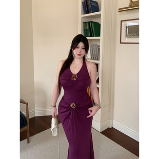 Bbabes 微胖性感挂脖吊带连衣裙收腰显瘦辣妹包臀长裙 祁祁紫衿