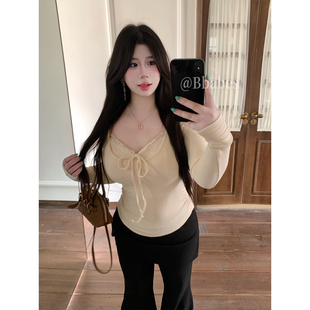 带胸垫镂空纯欲修身 蕾丝吊带背心挂脖长袖 上衣 奶芙出逃 Babes