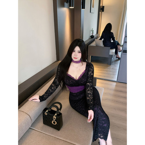 Bbabes【烟烟魅紫】大码法式纯欲V领蕾丝拼接长袖修身包臀裙秋冬