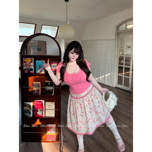 Babes【少女花笺】大码微胖mm韩系甜美短袖T恤碎花a字半身裙套装