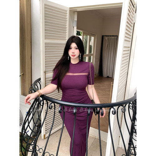 Babes【晚玉凝香】大码高级气质大气紫色收腰修身开衩连衣裙长裙