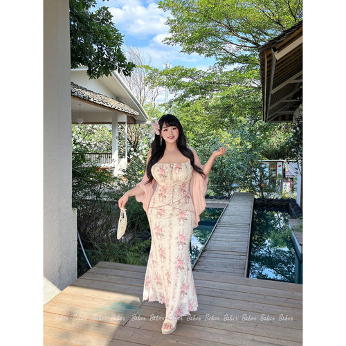 Babes【花束舞曲】大码复古玫瑰碎花绑带吊带显瘦鱼尾裙包臀长裙