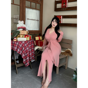 收腰扭结绑带设计包臀连衣裙 微胖性感纯欲修身 Bbabes 冬日暖暖