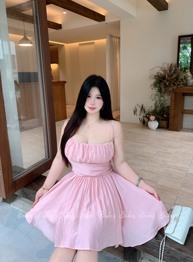Babes【甜酷公式】大码法式纯欲风吊带褶皱收腰显瘦a字连衣短裙女