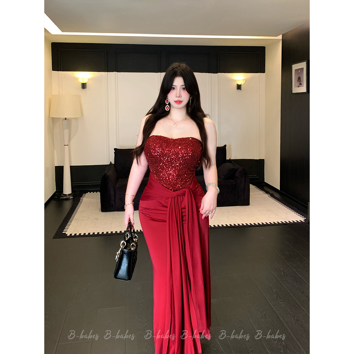 Babes【碎钻红裙】大码礼服小众性感高级感亮片抹胸收腰包臀长裙图片