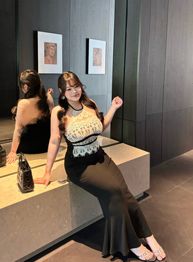 Babes【娇欲妲己】大码气质名媛挂脖短款连衣裙辣妹显瘦包臀裙女