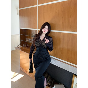 连衣裙女收腰包臀长裙 御姐风性感蕾丝拼接长袖 Bbabes 小妈诀窍