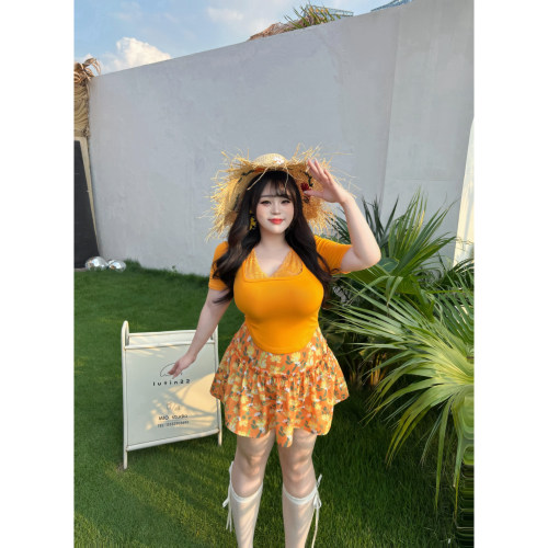 Babes【一口芬达】大码微胖夏日多巴胺短袖上衣a字碎花短裙两件套