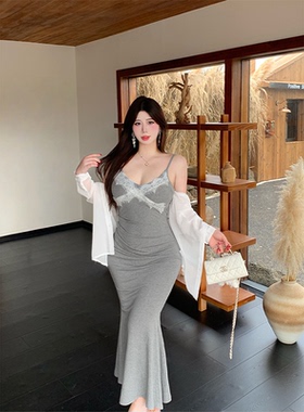 Bbabes【灰色纯欲】蕾丝拼接大码吊带裙微胖显瘦微透白衬衫套装女