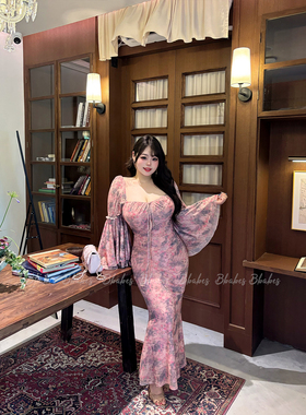 Babes【莫奈花园】大码微胖法式纯欲风碎花方领喇叭袖包臀连衣裙