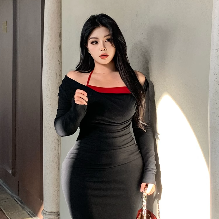 秋冬加厚绒假两件显瘦包臀连衣裙