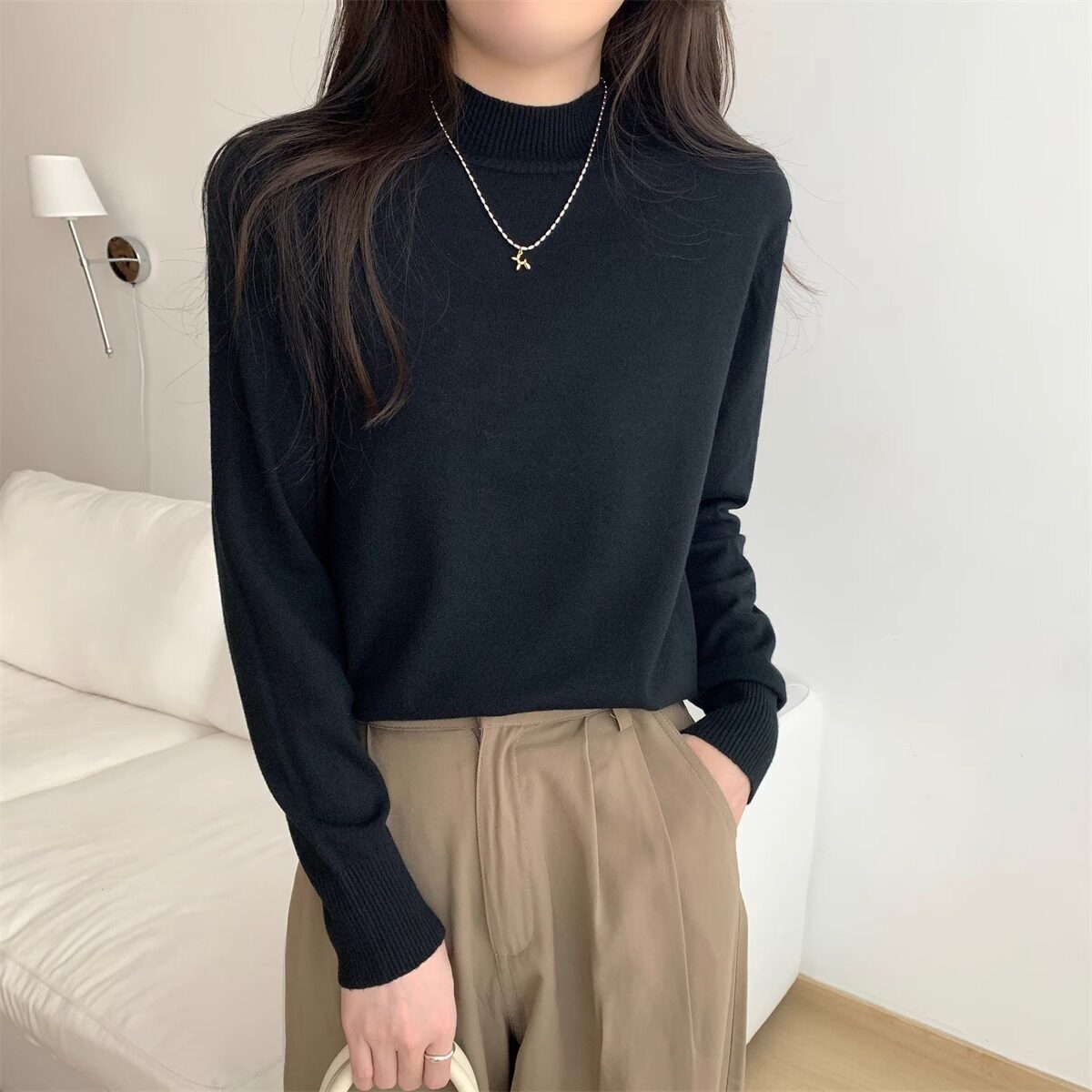 2026秋季韩版半高领针织毛衣女宽松基础款内搭上衣简约百搭打底衫
