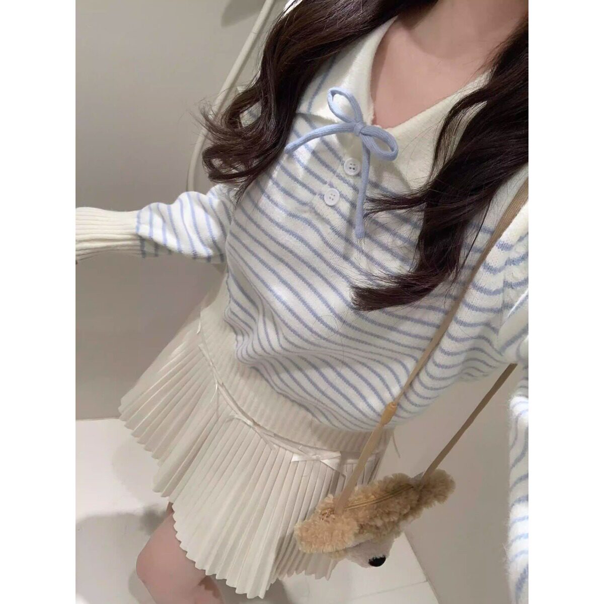 包芯纱甜美蝴蝶结翻领条纹针织衫毛衣女秋冬韩系打底内搭上衣