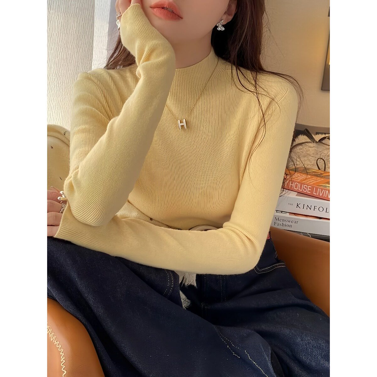黄色毛衣秋冬女针织衫2026新款冬季半高领内搭打底衫中领羊毛上衣